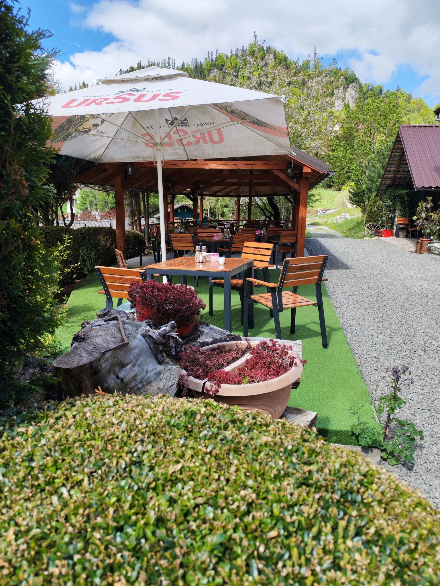 Zona terasei Ariniș cu mese și priveliște spre stâncă